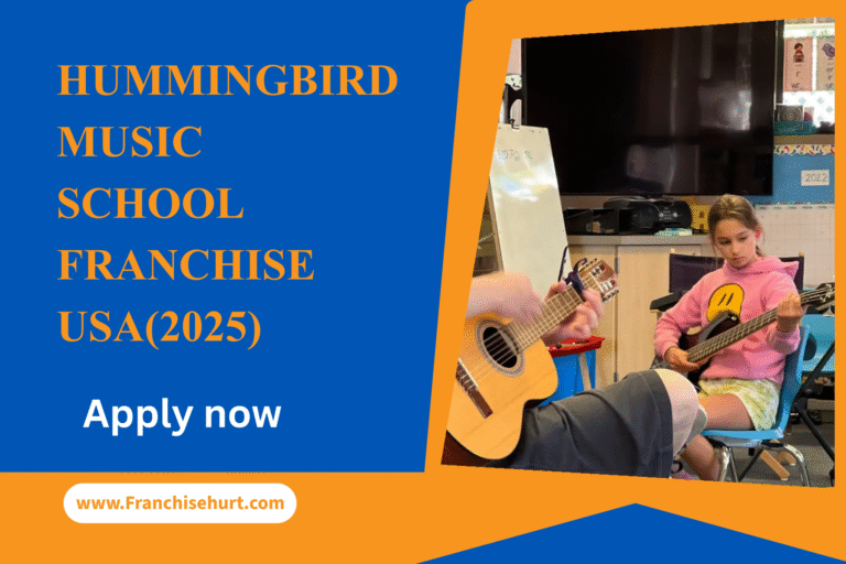 Hummingbird Music School Franchise USA 2025 promotional poster showing a music instructor teaching guitar to a young student inside a classroom.