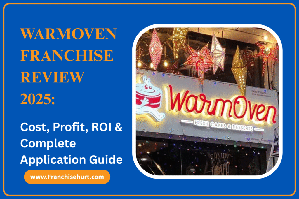 WarmOven franchise storefront with bright signage and festive lights promoting the WarmOven Franchise Review 2025 guide.