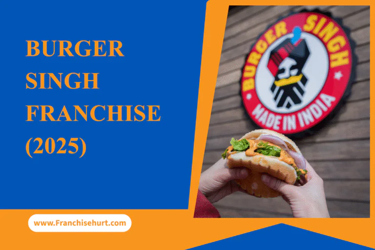 Hands holding a loaded Burger Singh burger in front of the brand’s “Made in India” logo, alongside a blue and orange graphic promoting the Burger Singh Franchise 2025.