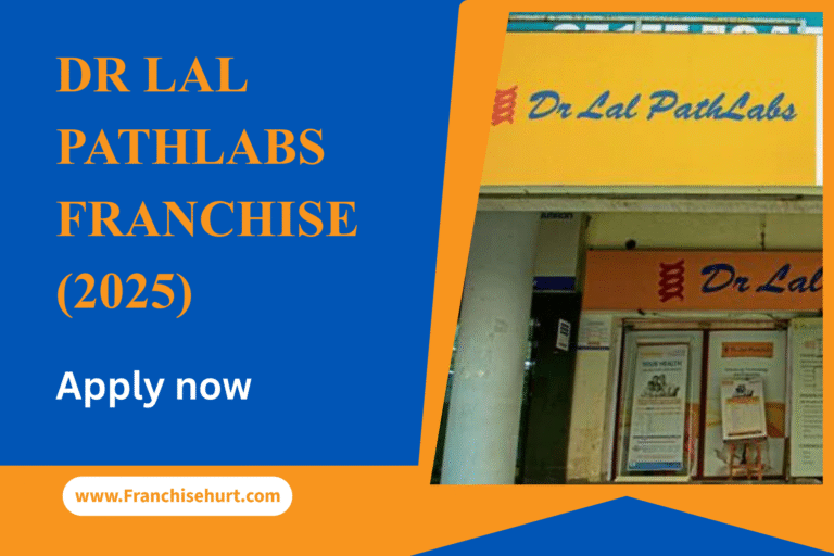 Front view of a Dr Lal PathLabs diagnostic center with franchise promotion banner for 2025