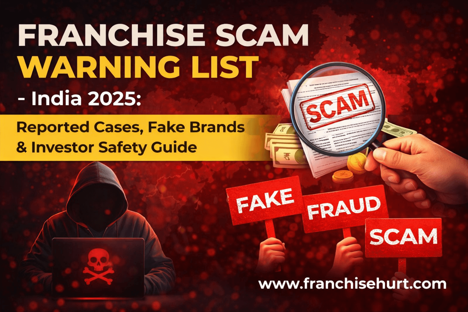 Franchise scam warning list India 2025 showing scam documents under magnifying glass highlighting fake brands and investor fraud risks