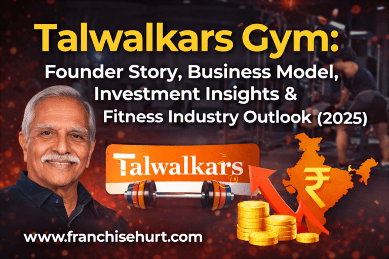 Talwalkars Gym promotional thumbnail showing a blurred portrait of a senior man on the left, bold text about founder story, business model, investment insights and 2025 fitness outlook, with Talwalkars logo, barbell, rupee map of India and coin stack graphics, plus the website address franchisehurt.com at the bottom.