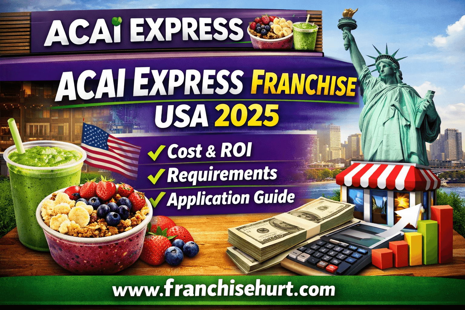 Acai Express Franchise USA 2025 blog thumbnail showing acai bowls, smoothies, USA skyline, and franchise investment highlights