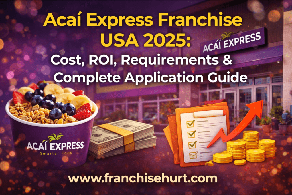 Acai Express Franchise USA 2025 thumbnail showing acai bowl, storefront, investment growth icons, and franchise cost ROI details