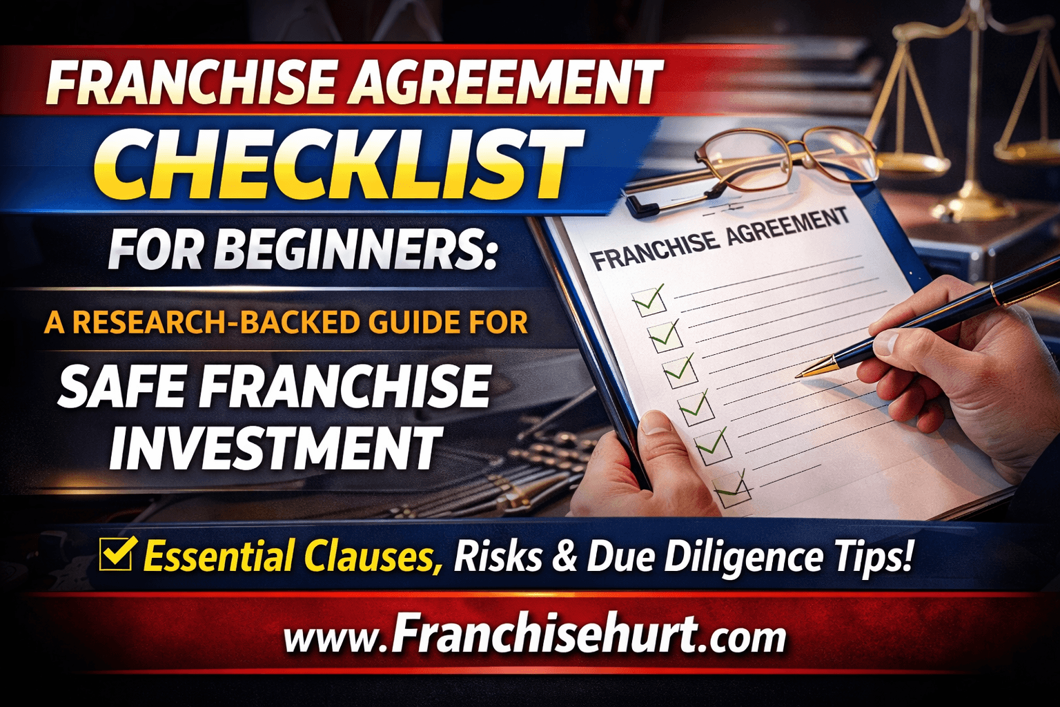 Franchise Agreement Checklist for Beginners thumbnail showing a signed franchise agreement with a checklist, pen, and legal symbols for safe franchise investment.