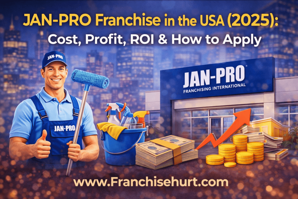 JAN-PRO Franchise USA 2025 thumbnail showing commercial cleaning professional, franchise outlet, growth chart, and investment profit concept