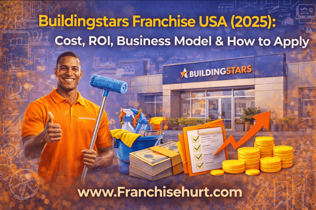 Buildingstars Franchise USA 2025 thumbnail showing commercial cleaning professional, office building, cleaning equipment, and business growth icons