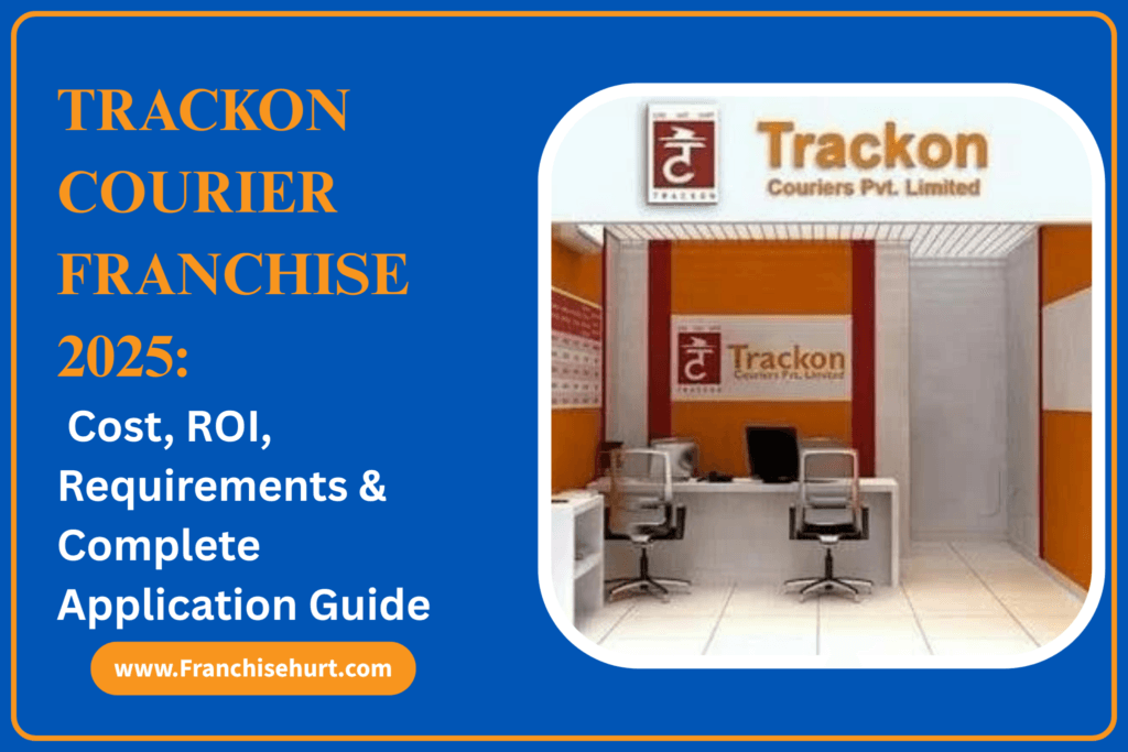 Trackon Courier Franchise 2025 banner displaying franchise cost, ROI, requirements, and application guide with Trackon office interior