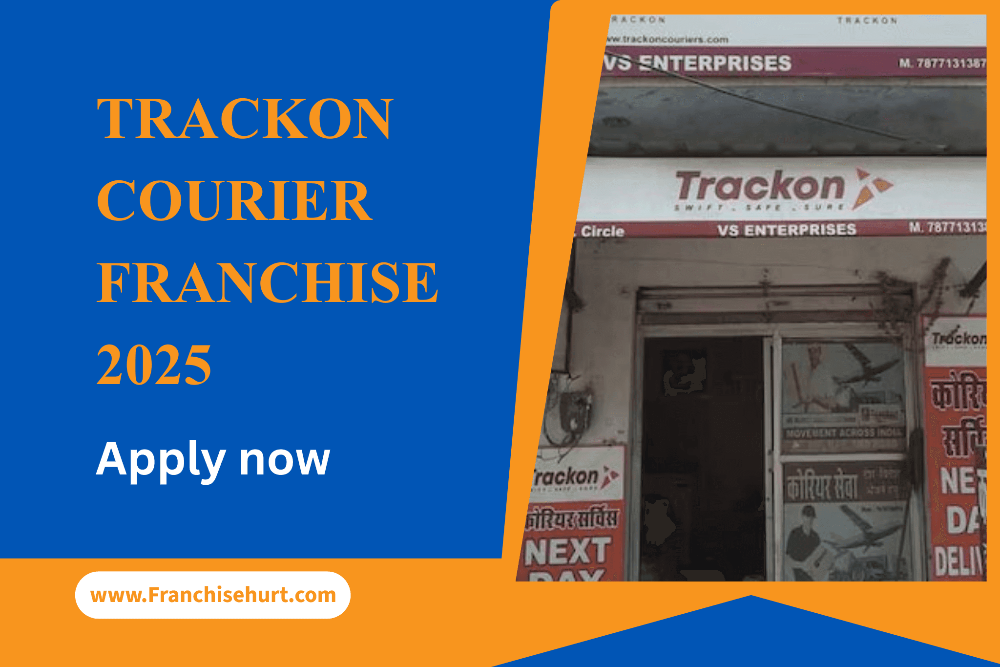 Trackon Courier Franchise 2025 promotional banner showing a Trackon outlet and apply now message by Franchisehurt