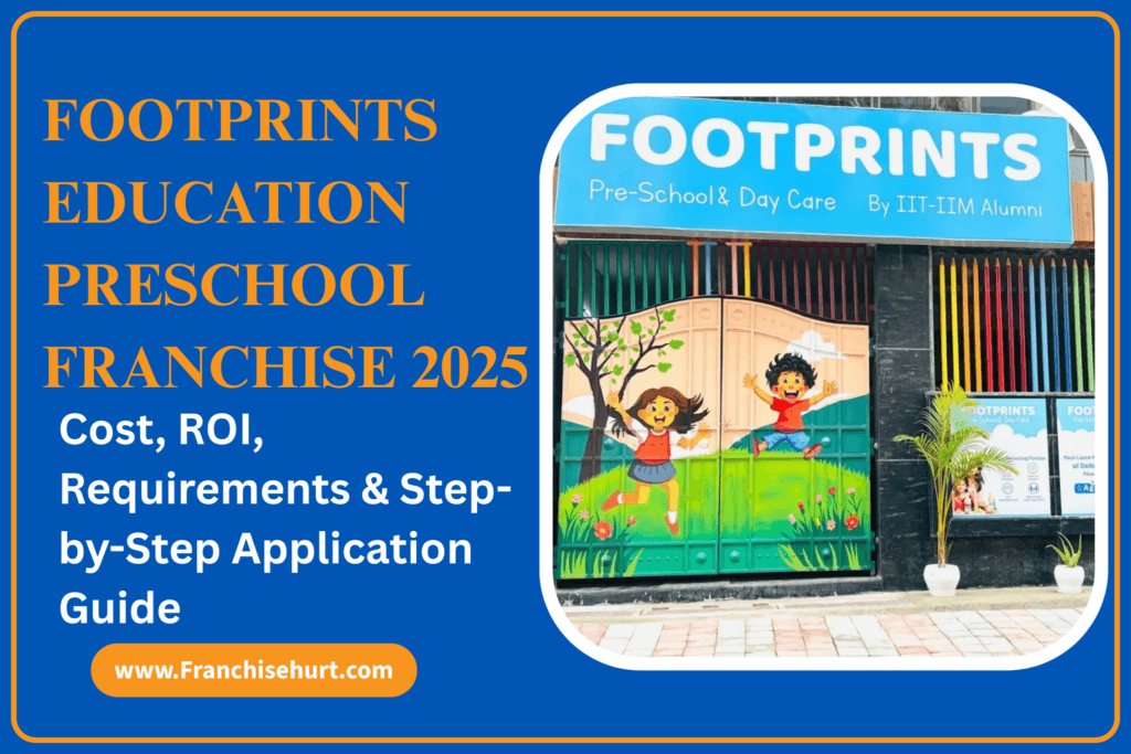 Footprints Education Preschool Franchise 2025 banner with preschool entrance, colorful kids artwork, and franchise guide details by Franchisehurt