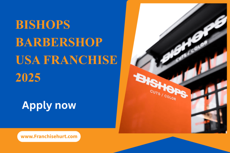 Bishops Barbershop USA Franchise 2025 promotional banner featuring Bishops Cuts Color storefront and apply now message by Franchisehurt