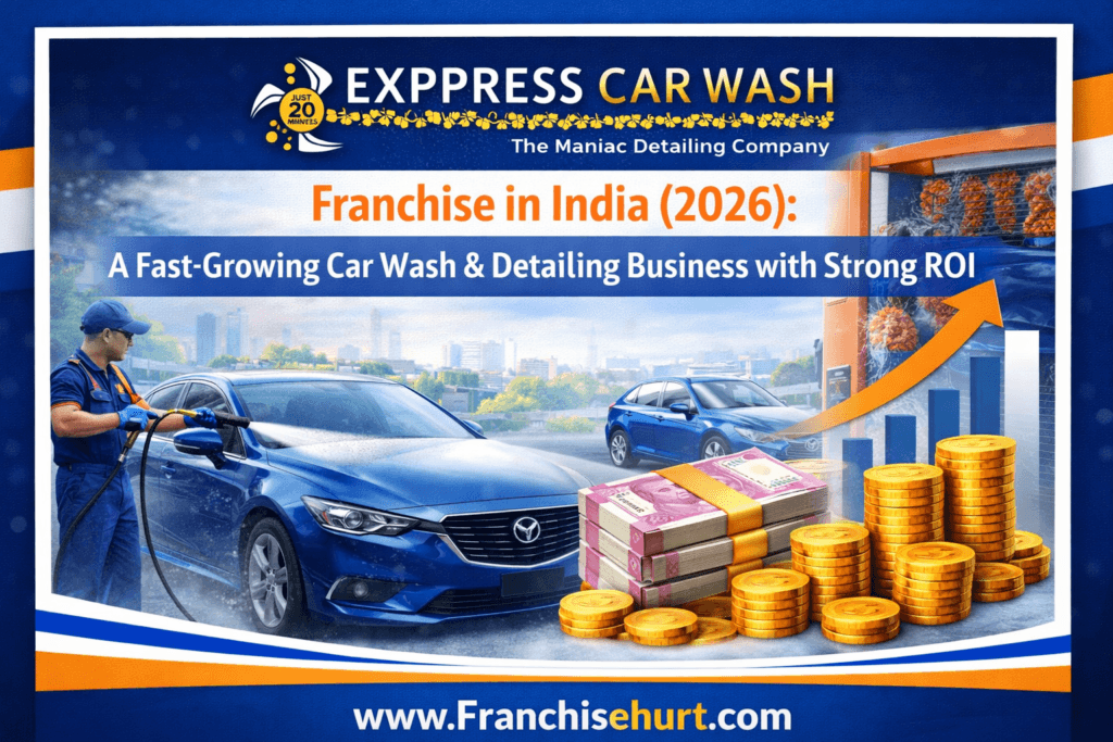 Exppress Car Wash Franchise in India 2026 thumbnail showing original Exppress Car Wash logo, automated car wash, car detailing service, growth chart and strong ROI with FranchiseHurt branding