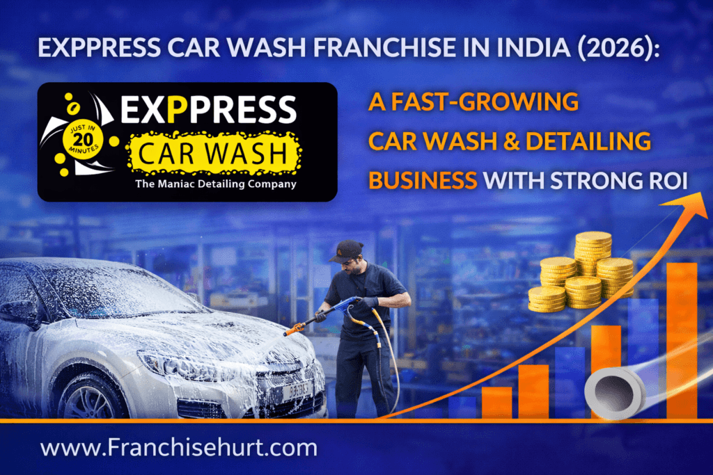 Exppress Car Wash Franchise in India 2026 fast-growing car wash and detailing business thumbnail featuring original Exppress Car Wash logo, professional car cleaning service, and strong ROI growth visuals