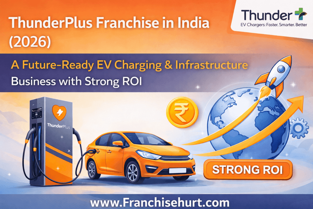 ThunderPlus Franchise in India 2026 future-ready EV charging and infrastructure business thumbnail featuring ThunderPlus EV charger, electric car, growth elements, and strong ROI concept