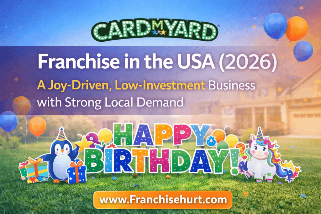 Card My Yard Franchise in the USA 2026 thumbnail featuring original Card My Yard logo, colorful yard greeting signs, celebration theme, and low-investment local business concept