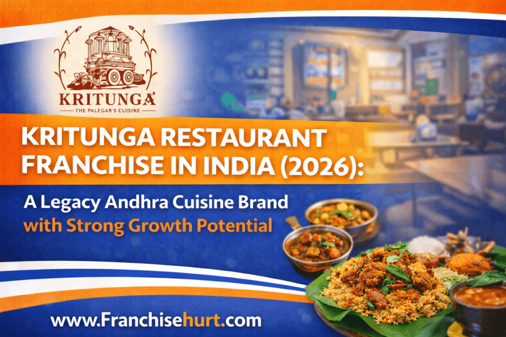 Kritunga Restaurant Franchise in India 2026 thumbnail showing original Kritunga logo, traditional Andhra cuisine dishes, blue and orange branding, and FranchiseHurt website