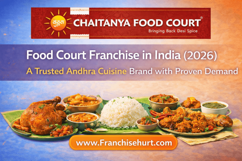 Chaitanya Food Court Franchise in India 2026 thumbnail featuring original Chaitanya Food Court logo, popular Andhra dishes like rice meals and spicy curries, and orange-blue professional branding