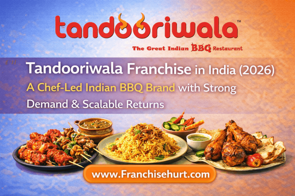 Tandooriwala Franchise in India 2026 thumbnail featuring original Tandooriwala logo, grilled Indian BBQ dishes like tandoori chicken and kebabs, blue and orange branding, and strong franchise demand concept