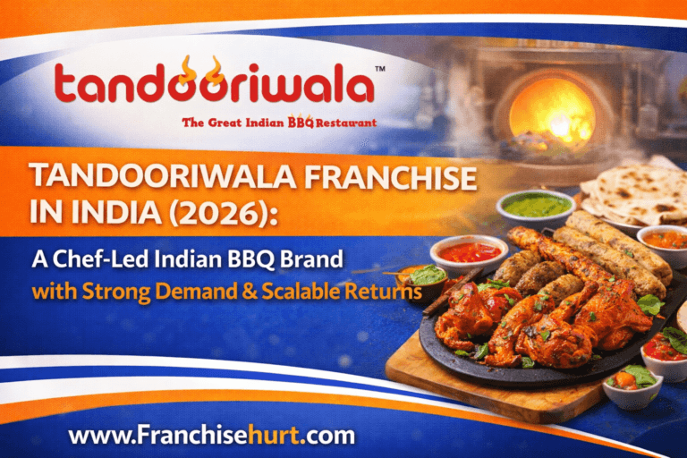Tandooriwala Franchise in India 2026 thumbnail showing original Tandooriwala logo, tandoori chicken, kebabs, naan, Indian BBQ food and FranchiseHurt branding in blue and orange