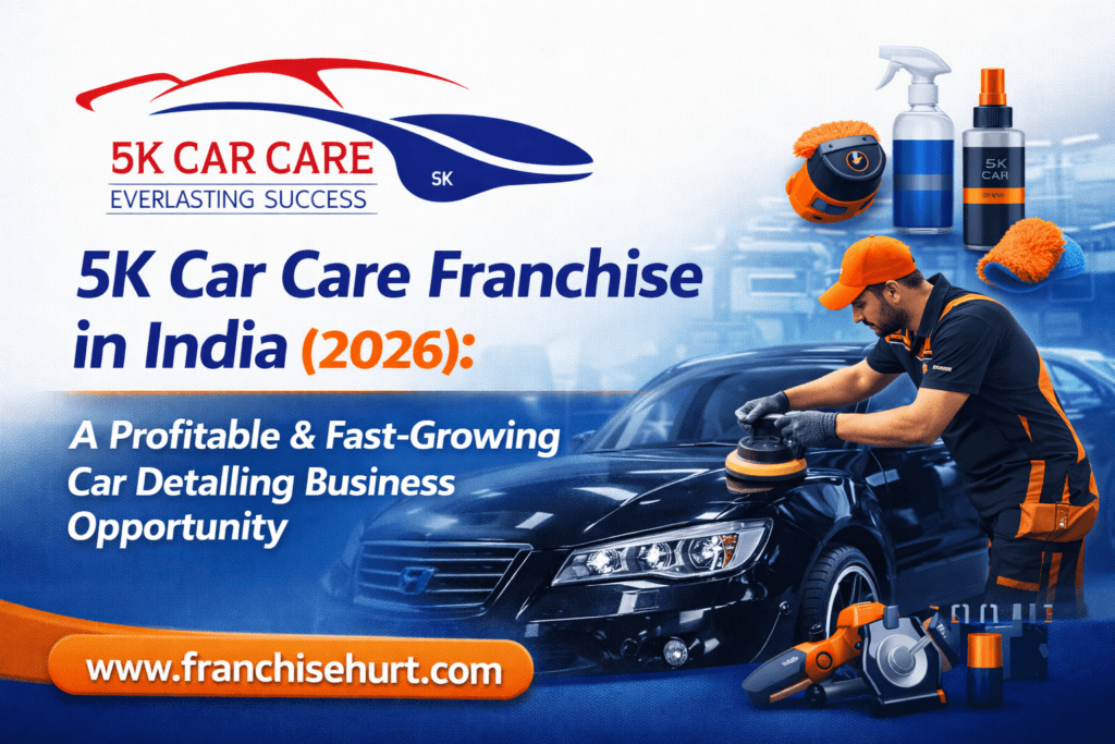 5K Car Care Franchise in India 2026 thumbnail showing premium car detailing service, original 5K Car Care logo, and FranchiseHurt branding in blue and orange