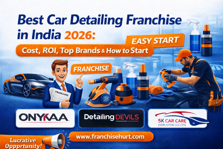 Best car detailing franchise in India 2026 thumbnail showing professional car detailing services, franchise brands, tools, and FranchiseHurt branding in blue and orange