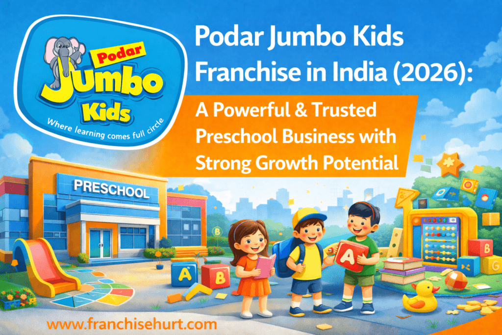 Podar Jumbo Kids franchise thumbnail showing a trusted preschool business with children, learning toys, and FranchiseHurt branding