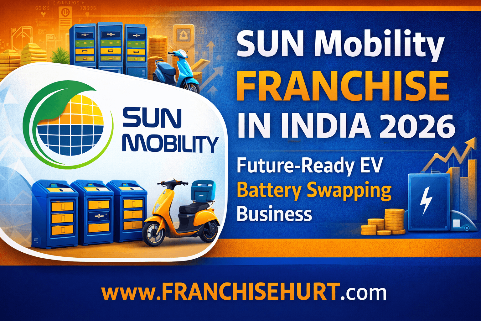 SUN Mobility Franchise in India 2026 thumbnail showing official logo, EV battery swapping stations, electric scooter, and blue-orange professional design