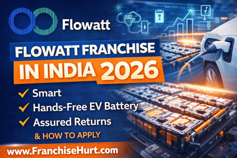 Flowatt franchise in India 2026 EV battery swapping business showing electric vehicle charging, battery packs and investment opportunity by FranchiseHurt