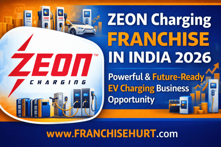 Zeon Charging Franchise in India 2026 thumbnail featuring official logo, EV charging stations, electric car, and blue-orange professional design