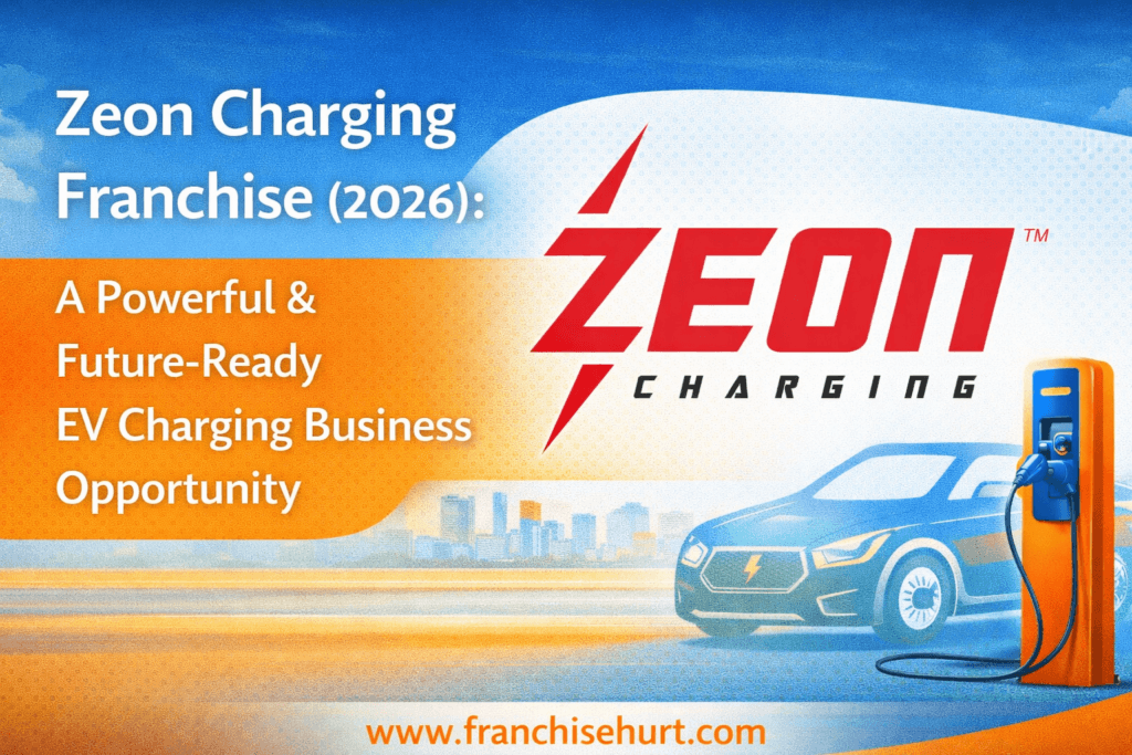 Zeon Charging franchise thumbnail showing a future-ready EV charging business with electric car, charging station, and FranchiseHurt branding