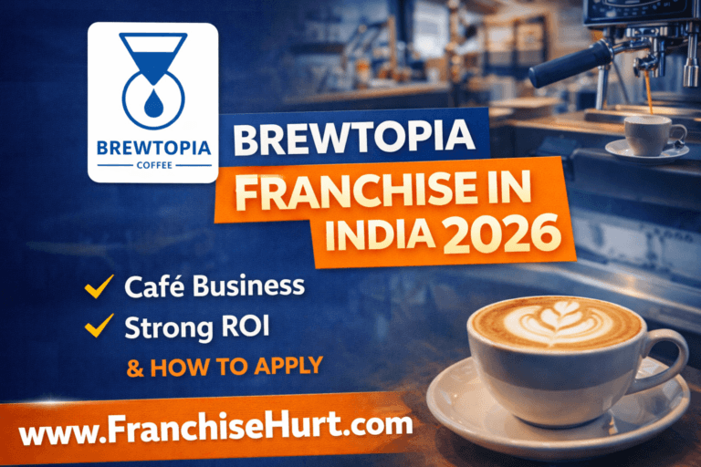 Brewtopia Coffee franchise in India 2026 showing café setup, coffee cup, franchise cost, ROI and how to apply by FranchiseHurt