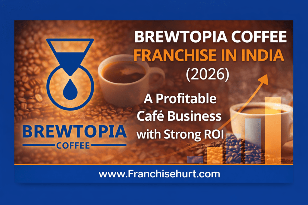 Brewtopia Coffee Franchise in India 2026 showing premium café setup, coffee beans background, growth chart, and profitable café business concept