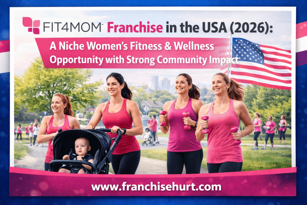 Fit4Mom Franchise in the USA 2026 thumbnail showing women participating in community fitness workouts with strollers, wellness focus and FranchiseHurt branding