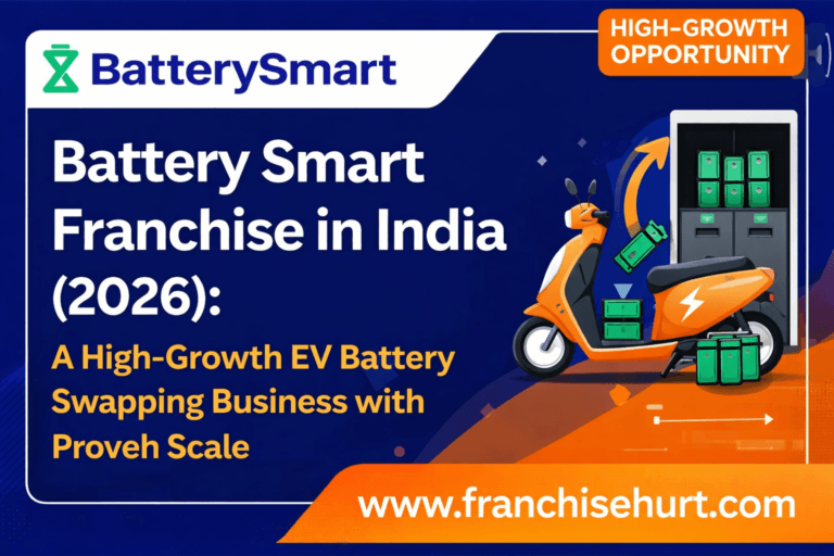 Battery Smart franchise thumbnail showcasing EV battery swapping station with electric scooter, original Battery Smart logo, and FranchiseHurt branding in blue and orange theme.