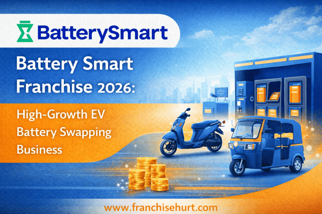 Battery Smart franchise thumbnail showing EV battery swapping station, electric scooter and three-wheeler, highlighting a high-growth EV business with FranchiseHurt branding