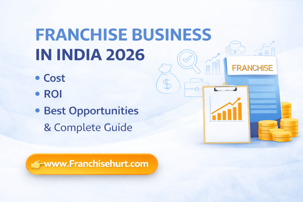 Franchise Business in India 2026 banner showing cost, ROI, best franchise opportunities, and www.franchisehurt.com
on a clean blue-white background