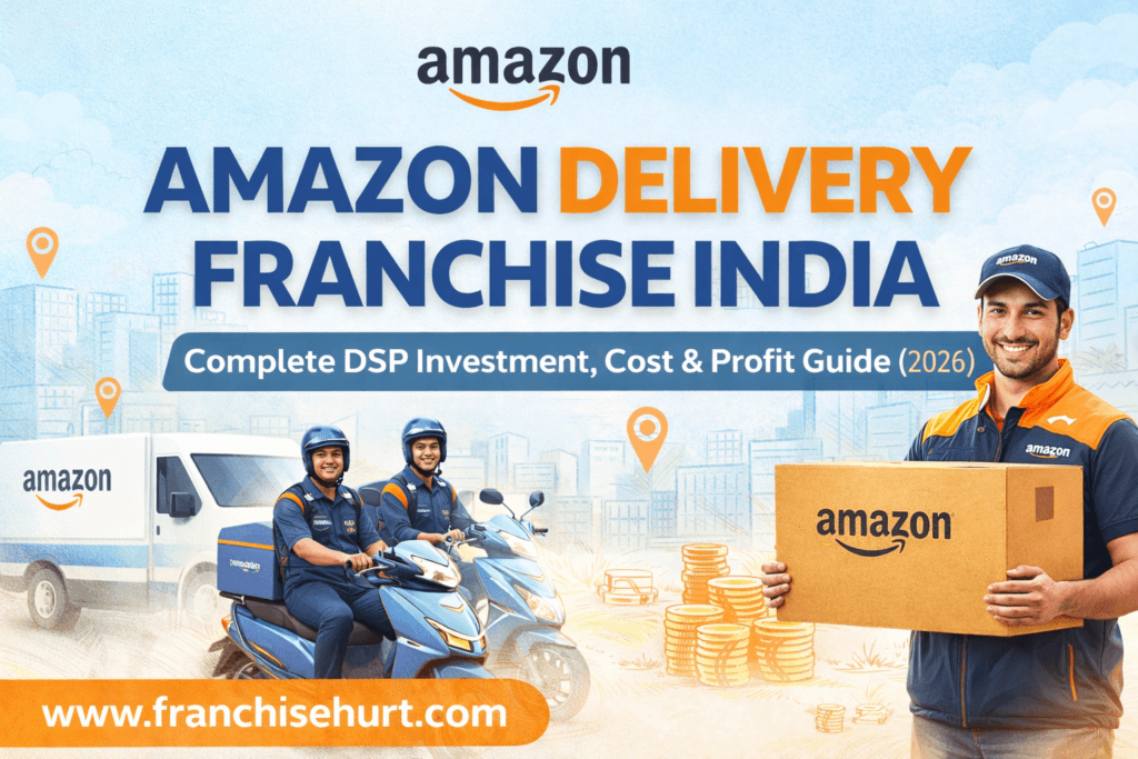 Amazon Delivery Franchise India DSP thumbnail showing Amazon delivery van, bike delivery partners, and investment profit guide 2026 with FranchiseHurt branding.