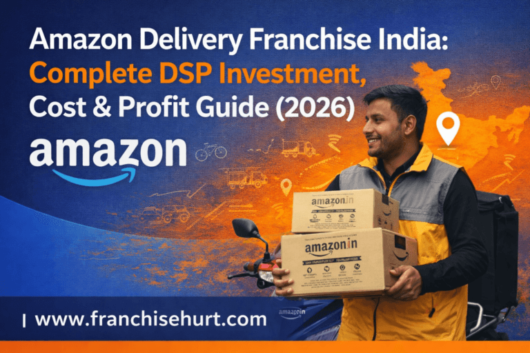 Amazon Delivery Franchise India 2026 thumbnail featuring delivery executive holding Amazon boxes with blue and orange background and DSP investment details