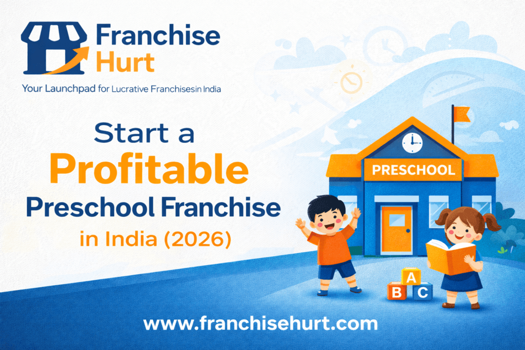 Start a Profitable Preschool Franchise in India (2026) thumbnail with preschool building, children illustration, and FranchiseHurt branding in blue and orange theme.