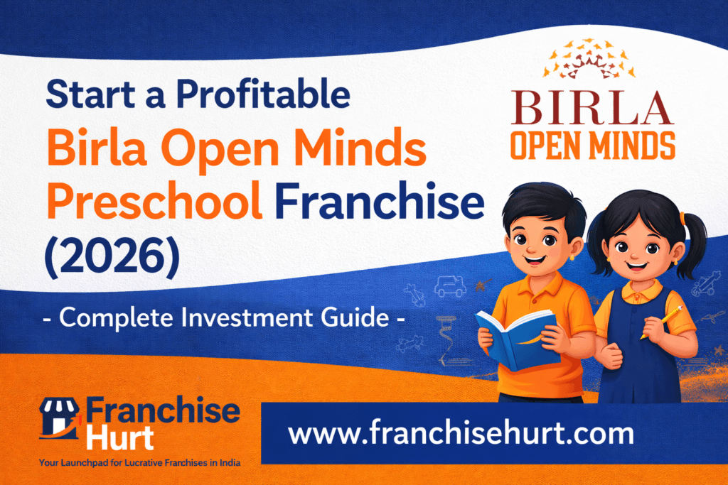 Start a Profitable Birla Open Minds Preschool Franchise 2026 thumbnail featuring investment guide details with Franchise Hurt branding in blue and orange theme