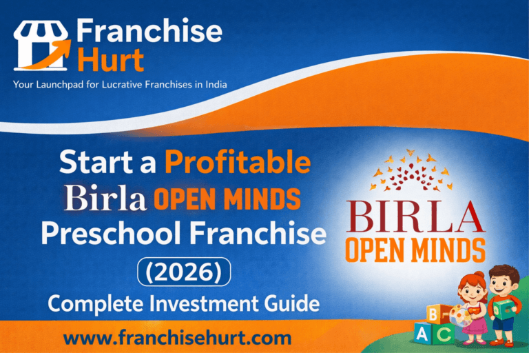Start a Profitable Birla Open Minds Preschool Franchise 2026 thumbnail featuring investment guide details, Birla Open Minds logo, FranchiseHurt branding, and website www.franchisehurt.com .
