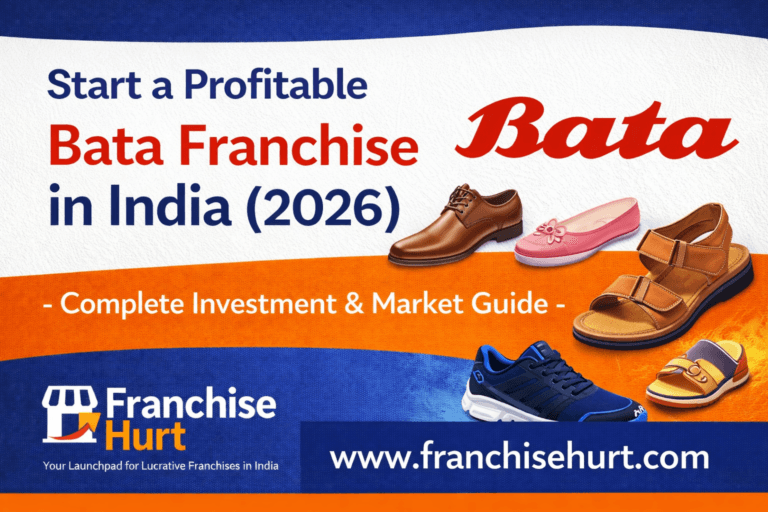 Start a Profitable Bata Franchise in India 2026 thumbnail featuring footwear elements and complete investment market guide with Franchise Hurt branding