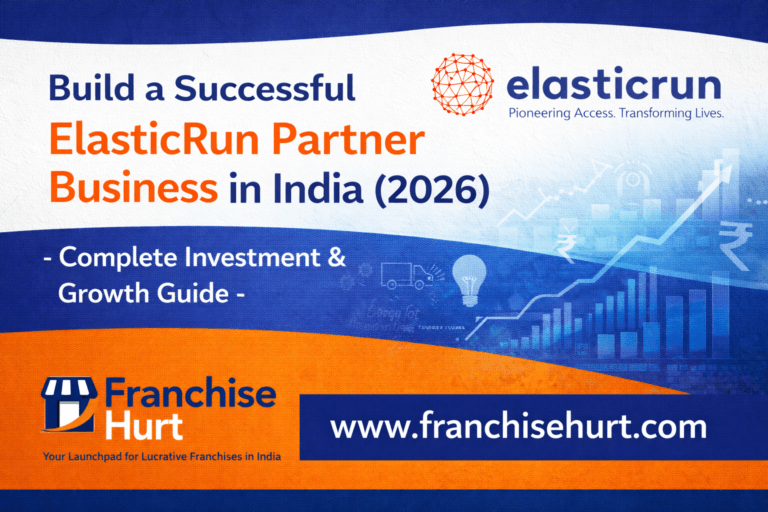 Build a Successful ElasticRun Partner Business in India 2026 thumbnail featuring investment and growth guide with Franchise Hurt branding in blue and orange theme