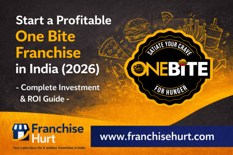 Start a Profitable One Bite Franchise in India 2026 thumbnail featuring investment and ROI guide with food sketch elements and Franchise Hurt branding