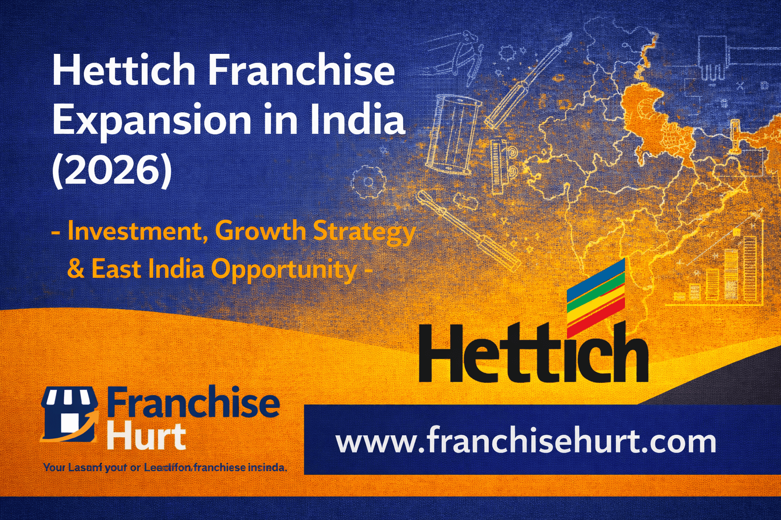 Hettich Franchise Expansion in India 2026 thumbnail featuring investment details, growth strategy, East India opportunity and Franchise Hurt branding in blue and orange theme