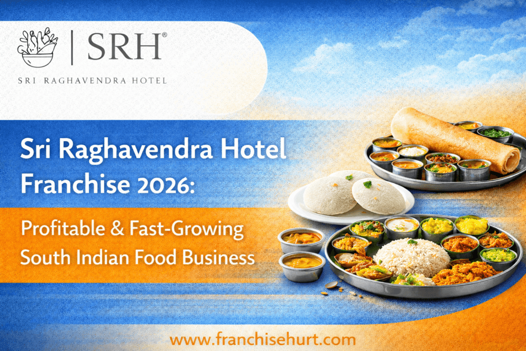 Sri Raghavendra Hotel franchise thumbnail showcasing a profitable South Indian food business with dosa, idli meals and FranchiseHurt branding