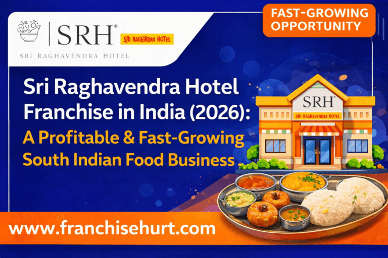Sri Raghavendra Hotel franchise thumbnail showing South Indian meals, restaurant outlet illustration, original SRH logo, and FranchiseHurt branding in blue and orange theme.
