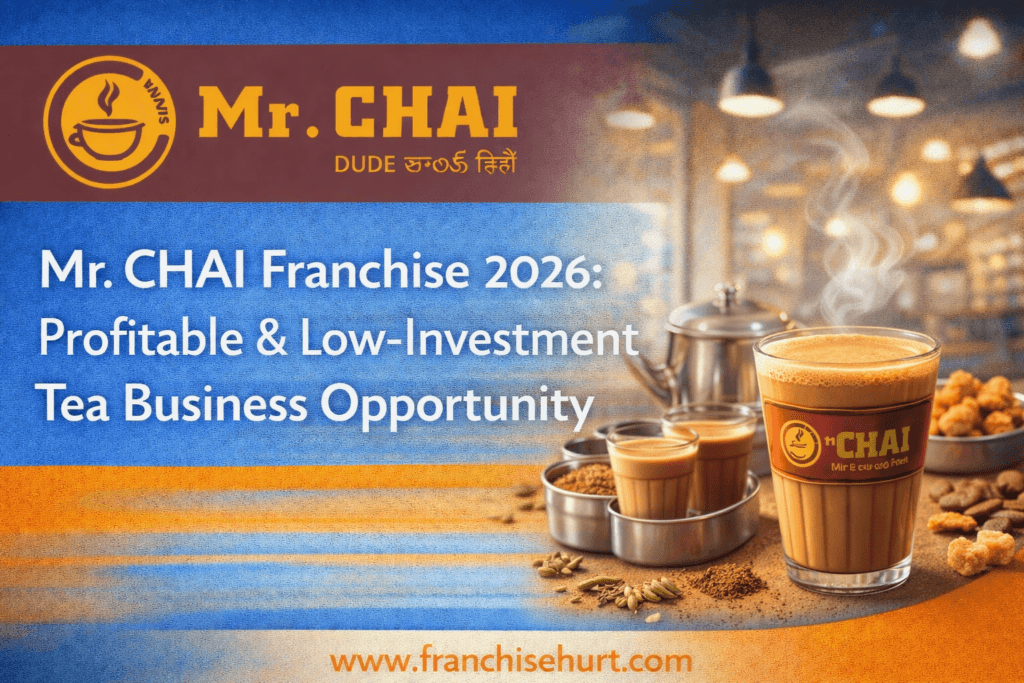 Mr. CHAI franchise thumbnail showcasing a profitable low-investment tea business with modern café elements and FranchiseHurt branding
