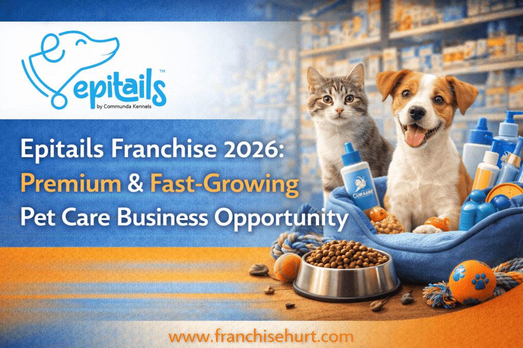 Epitails franchise thumbnail showing a premium pet care business with dog and cat grooming products and FranchiseHurt branding