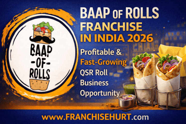 Baap of Rolls Franchise in India 2026 thumbnail featuring original logo, fresh QSR rolls, blue-orange professional design, and fast-growing food business concept